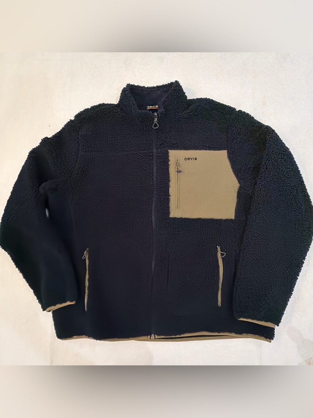 Mens Orvis Jacket Blue Deep Pile Sherpa Fleece Full Zip Khaki Pocket Jacket XL